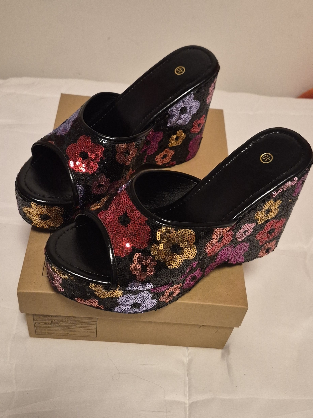 Sequin Floral Platform Wedge Slide Sandals - Black Multicolor
